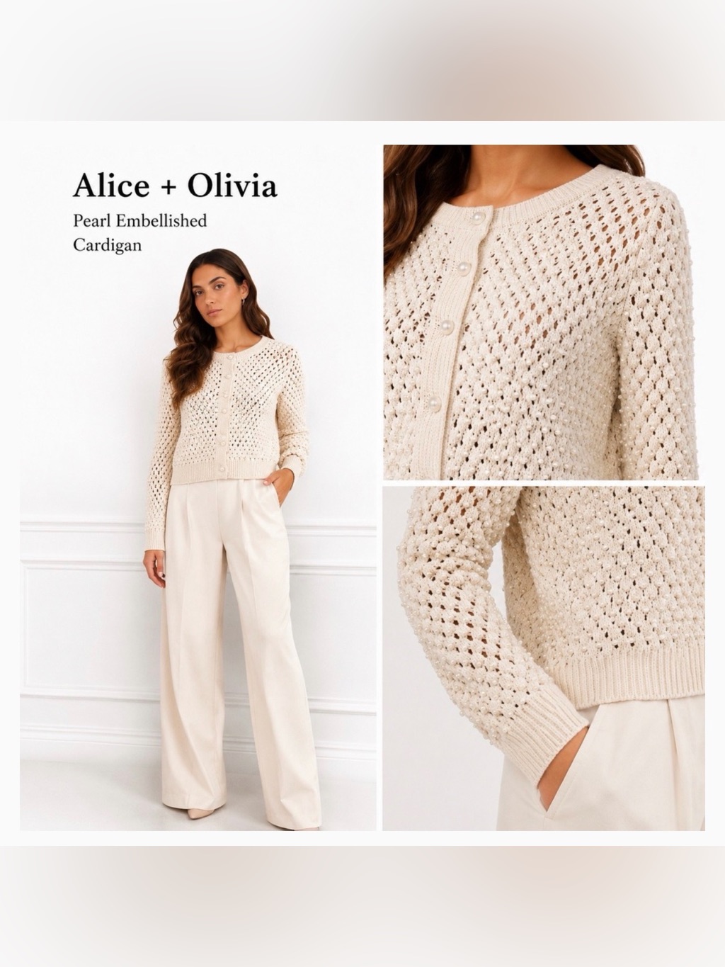 Alice + Olivia Cream Pearl Embellished Cardigan Size S